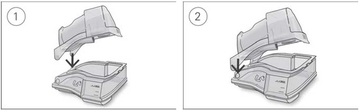 Diagram showing how to reassemble the humidifier lid:
1. Insert one side of the lid into the pivot hole of the base.
2. Slide the other side down the ridge until it clicks into place.