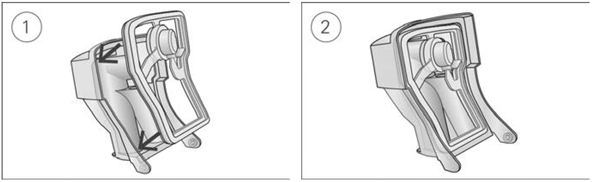 Diagram showing how to insert the humidifier seal:
1. Place the seal into the lid.
2. Press down along all edges of the seal until it is firmly in place.