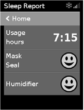 Sleep Report screen showing usage hours and mask seal status.