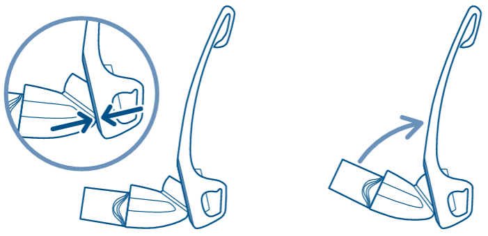 Elbow assembly diagram:
1. Position the Elbow so it is facing upward.
2. Push the Elbow at an angle and rotate into the Frame until the Elbow pops in.