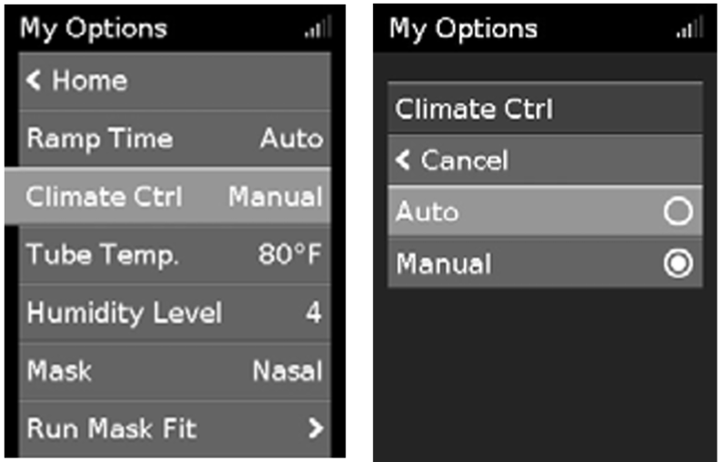 Return to Climate Control Auto:
1. In My Options, turn the dial to highlight Climate Ctrl and then press the dial.
2. Turn the dial to select Auto and then press the dial to save the change.