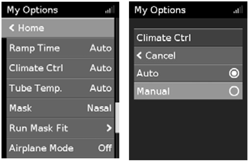 Climate Control Manual settings:
1. In My Options, turn the dial to highlight Climate Ctrl and then press the dial.
2. Turn the dial to select Manual and press the dial to save the change.