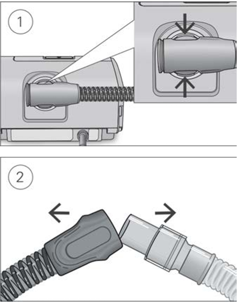 Disconnecting the air tubing:
1. Hold the cuff of the air tubing, apply gentle pressure to the release buttons and pull it away from the device.
2. Hold both the cuff of the air tubing and the swivel of the mask, then gently pull apart.