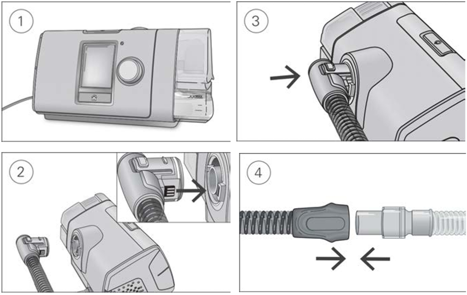 Setup ClimateLineAir:
1. Make sure the device is connected and turned on.
2. Hold the cuff of the air tubing and line up the air tubing connector with the connector port.
3. Push the cuff until the connector clicks into place. ClimateLineAir connected will briefly display on the device screen.
4. Connect the assembled mask to the free end of the air tubing.